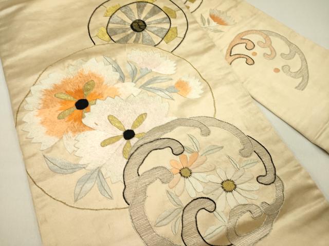 平和屋着物●アンティーク　大正ロマン　九寸名古屋帯　総手刺繍　源氏車花文　金銀糸　正絹　逸品　DABD0342op
