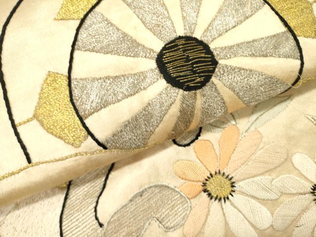 平和屋着物●アンティーク　大正ロマン　九寸名古屋帯　総手刺繍　源氏車花文　金銀糸　正絹　逸品　DABD0342op