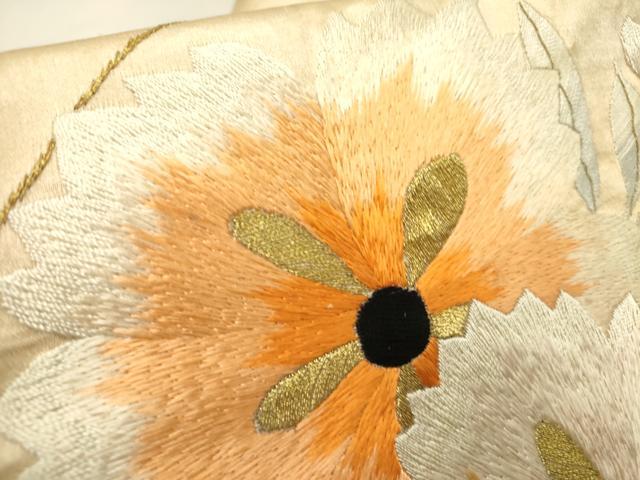 平和屋着物●アンティーク　大正ロマン　九寸名古屋帯　総手刺繍　源氏車花文　金銀糸　正絹　逸品　DABD0342op