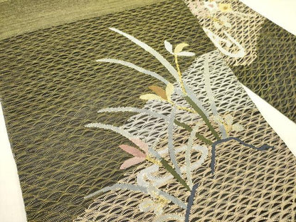 平和屋着物▽八寸名古屋帯 スリーシーズン 春夏秋 すくい織 草花 金糸 正絹 逸品 未使用 DABD0351op