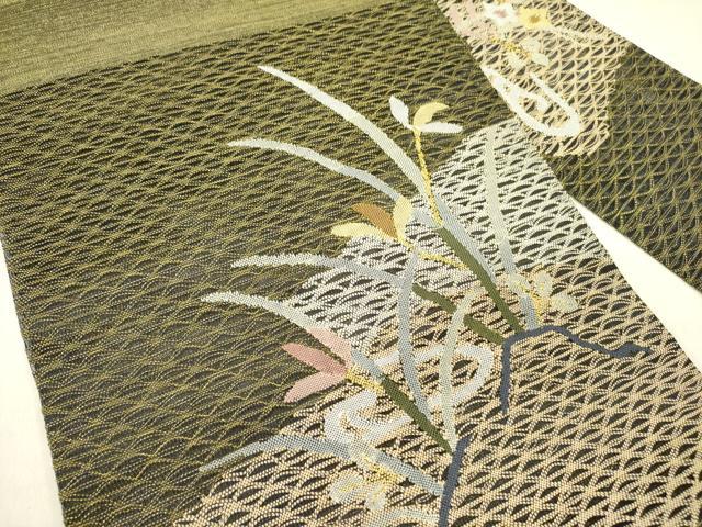 平和屋着物▽八寸名古屋帯 スリーシーズン 春夏秋 すくい織 草花 金糸 正絹 逸品 未使用 DABD0351op