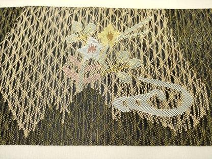 平和屋着物▽八寸名古屋帯 スリーシーズン 春夏秋 すくい織 草花 金糸 正絹 逸品 未使用 DABD0351op