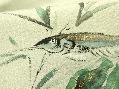平和屋着物●九寸名古屋帯　手描き　魚　成り物　金彩　鬼しぼ縮緬　正絹　逸品　DABD0352op