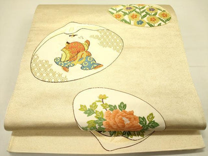平和屋着物●六通柄袋帯　唐織　貝合わせ人物花文　金銀糸　正絹　逸品　DABD0359op