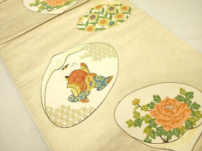 平和屋着物●六通柄袋帯　唐織　貝合わせ人物花文　金銀糸　正絹　逸品　DABD0359op