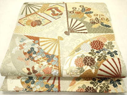 平和屋着物●織文意匠鈴木　六通柄袋帯　唐錦　能衣舞扇文　金糸　正絹　逸品　DABD0365op