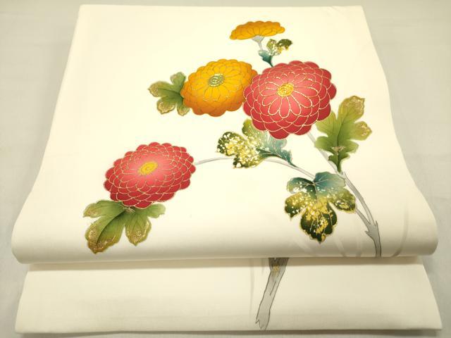 平和屋着物●塩瀬　九寸開き名古屋帯　駒刺繍　菊　金彩　正絹　逸品　DABD0366op