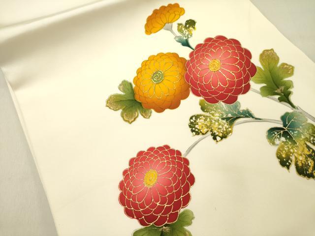 平和屋着物●塩瀬　九寸開き名古屋帯　駒刺繍　菊　金彩　正絹　逸品　DABD0366op