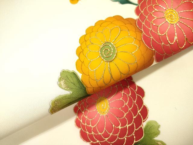 平和屋着物●塩瀬　九寸開き名古屋帯　駒刺繍　菊　金彩　正絹　逸品　DABD0366op