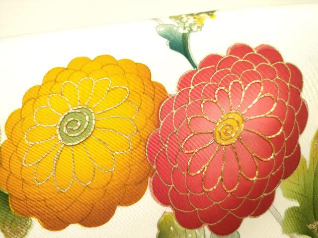 平和屋着物●塩瀬　九寸開き名古屋帯　駒刺繍　菊　金彩　正絹　逸品　DABD0366op