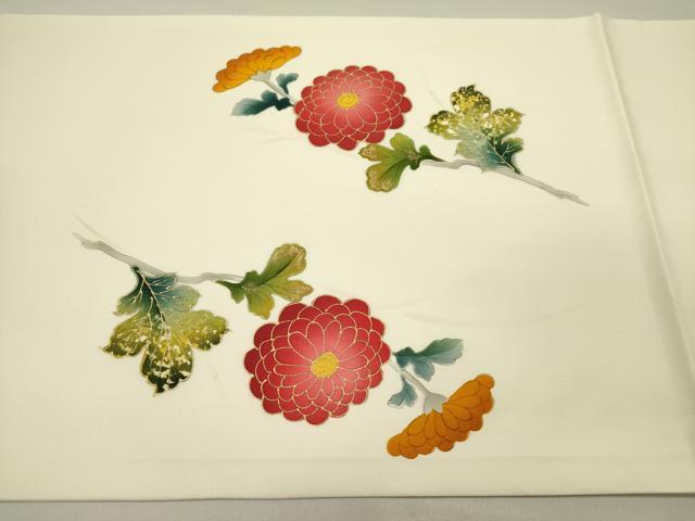 平和屋着物●塩瀬　九寸開き名古屋帯　駒刺繍　菊　金彩　正絹　逸品　DABD0366op