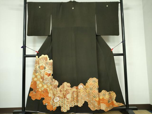 平和屋着物■豪華黒留袖　駒刺繍　吉祥花文　金彩　正絹　逸品　DABD0396op