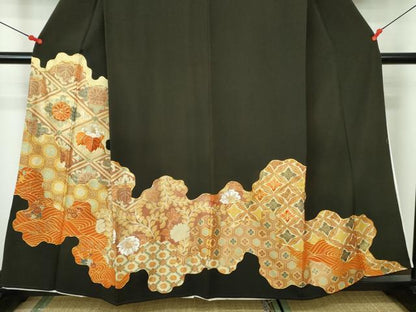平和屋着物■豪華黒留袖　駒刺繍　吉祥花文　金彩　正絹　逸品　DABD0396op