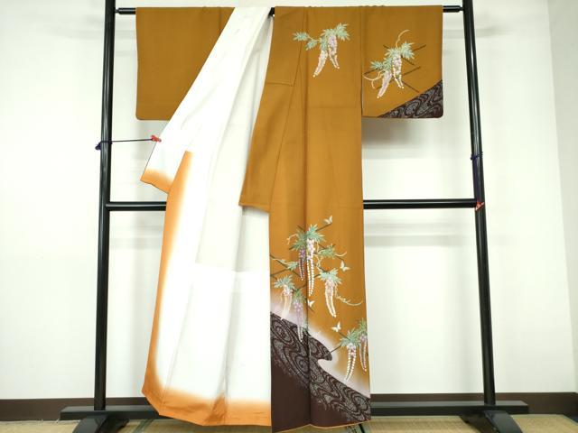 平和屋着物■訪問着 枝垂れ藤 舞蝶文 暈し染め 金彩 正絹 逸品 DABD0399op