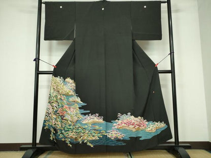 平和屋着物■豪華黒留袖　友禅　作家物　風景文　正絹　逸品　DABD0426op