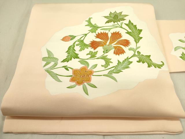 平和屋着物●塩瀬　九寸名古屋帯　更紗花文　金彩　正絹　逸品　DABD0432op