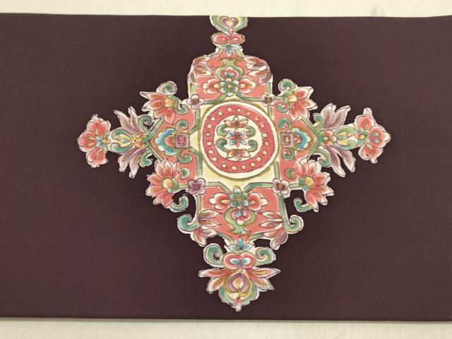 平和屋着物●塩瀬　九寸名古屋帯　更紗孔雀花文　金彩　正絹　逸品　DABD0433op