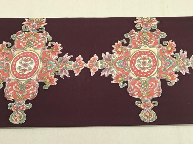 平和屋着物●塩瀬　九寸名古屋帯　更紗孔雀花文　金彩　正絹　逸品　DABD0433op