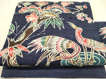平和屋着物●藍染　ファッションデザイナー　坂東京子　九寸名古屋帯　生紬　花鳥松文　ろうけつ染め　正絹　逸品　DABD0434op