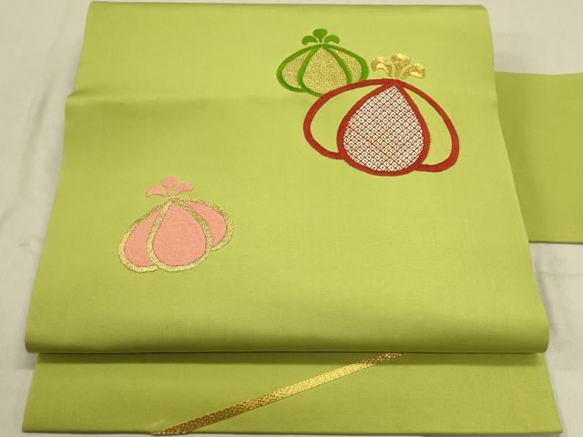 平和屋着物●塩瀬　九寸名古屋帯　駒刺繍　総刺繍　成り物　金糸　正絹　逸品　DABD0435op