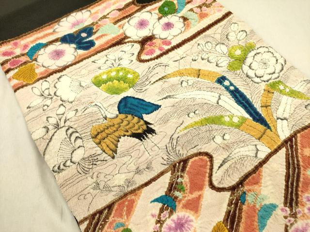 平和屋着物●九寸開き名古屋帯　作家物　絞り　辻が花　飛鶴花文　黒地　鬼しぼ縮緬　正絹　逸品　DABD0438op