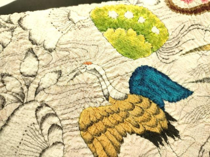 平和屋着物●九寸開き名古屋帯　作家物　絞り　辻が花　飛鶴花文　黒地　鬼しぼ縮緬　正絹　逸品　DABD0438op