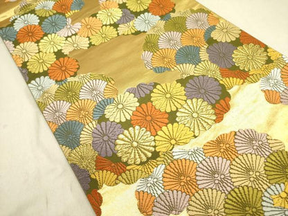 平和屋着物●六通柄袋帯　唐織　嘉祥松菊雲取文様　金糸　正絹　逸品　DABD0441op