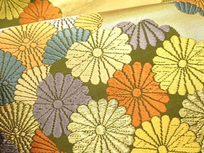 平和屋着物●六通柄袋帯　唐織　嘉祥松菊雲取文様　金糸　正絹　逸品　DABD0441op