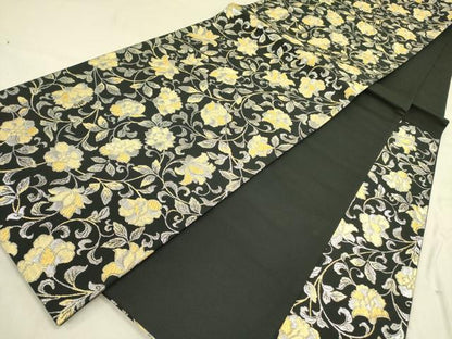 平和屋着物●六通柄袋帯　更紗花文　黒地　金糸　正絹　逸品　DABD0443op