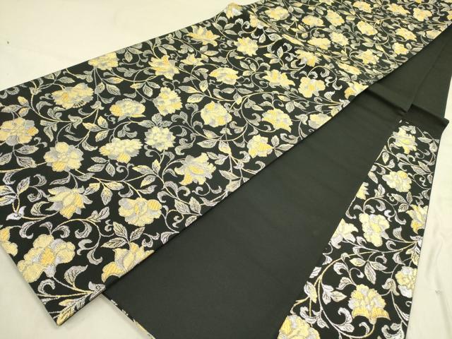 平和屋着物●六通柄袋帯　更紗花文　黒地　金糸　正絹　逸品　DABD0443op