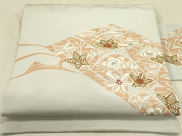 平和屋着物●九寸名古屋帯　紬地　型染　草花　正絹　逸品　DABD0453op