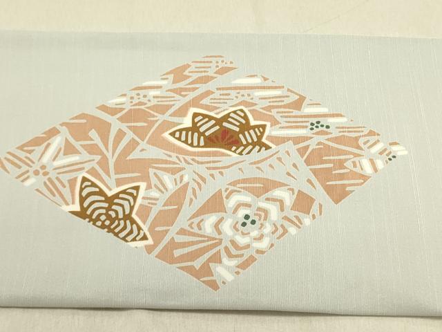 平和屋着物●九寸名古屋帯　紬地　型染　草花　正絹　逸品　DABD0453op