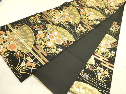 平和屋着物●西陣の名門　本家加納　六通柄袋帯　唐織　檜扇花文　黒地　金糸　正絹　逸品　未使用　DABD0458op