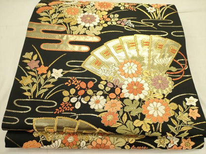 平和屋着物●西陣の名門　本家加納　六通柄袋帯　唐織　檜扇花文　黒地　金糸　正絹　逸品　未使用　DABD0458op