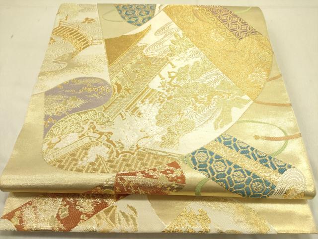 平和屋着物●西陣　川島織物　六通柄　本袋帯　絵巻風景花文　金糸　正絹　逸品　DABD0459op