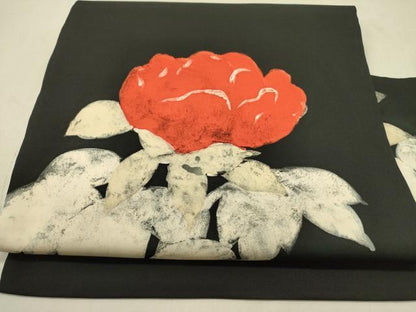 平和屋着物●九寸名古屋帯　作家物　草花　ろうけつ染め　黒地　逸品　DABD0462op