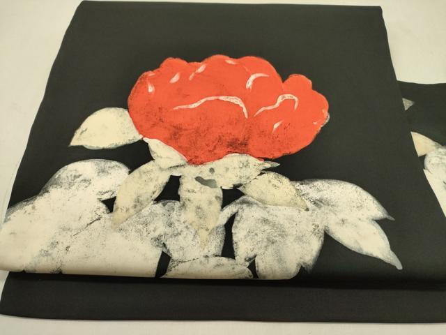 平和屋着物●九寸名古屋帯　作家物　草花　ろうけつ染め　黒地　逸品　DABD0462op