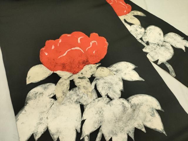 平和屋着物●九寸名古屋帯　作家物　草花　ろうけつ染め　黒地　逸品　DABD0462op