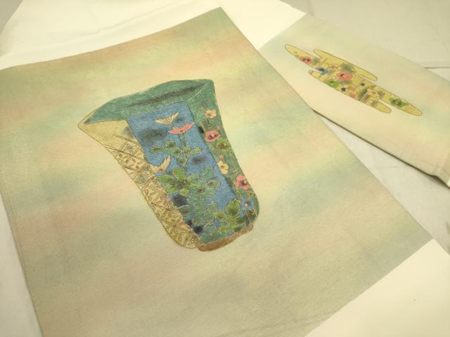 平和屋着物●塩瀬　九寸名古屋帯　陶器花文　金彩　正絹　逸品　DABD0463op