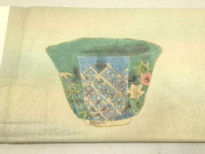 平和屋着物●塩瀬　九寸名古屋帯　陶器花文　金彩　正絹　逸品　DABD0463op