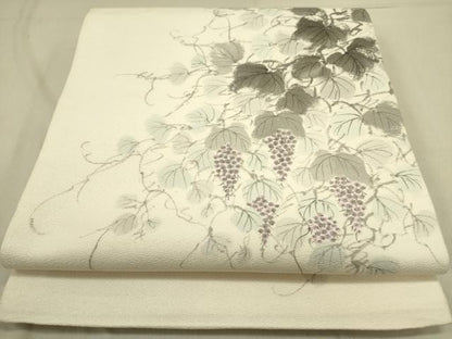 平和屋着物●着物作家　岡本龍三　全通柄袋帯　手描き　葡萄蔦の葉　正絹　逸品　DABD0474op