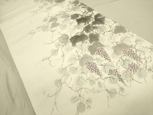 平和屋着物●着物作家　岡本龍三　全通柄袋帯　手描き　葡萄蔦の葉　正絹　逸品　DABD0474op