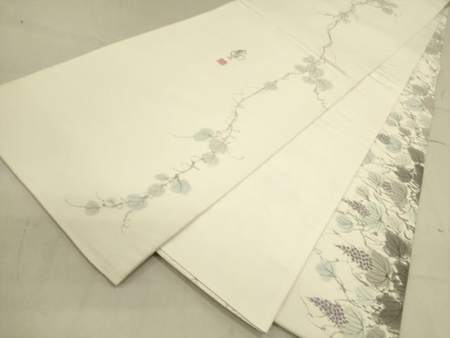 平和屋着物●着物作家　岡本龍三　全通柄袋帯　手描き　葡萄蔦の葉　正絹　逸品　DABD0474op
