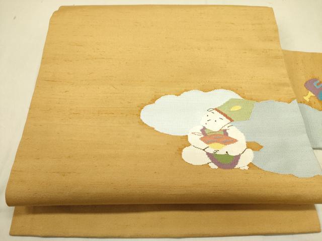平和屋着物●九寸名古屋帯　紬地　人物文　正絹　逸品　DABD0489op