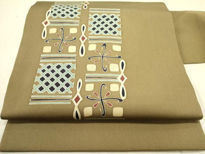 平和屋着物●塩瀬　九寸名古屋帯　抽象文様　金彩　正絹　逸品　DABD0491op