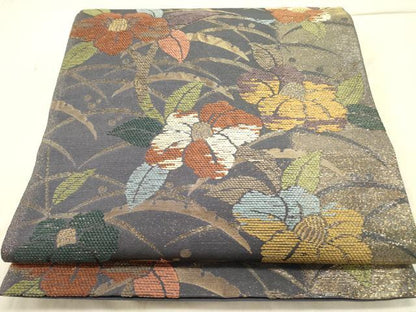 平和屋着物●ファッションデザイナー 花井幸子　六通柄袋帯　草花　金糸　正絹　逸品　DABD0496op