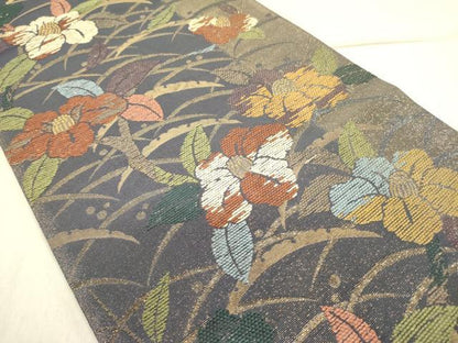 平和屋着物●ファッションデザイナー 花井幸子　六通柄袋帯　草花　金糸　正絹　逸品　DABD0496op