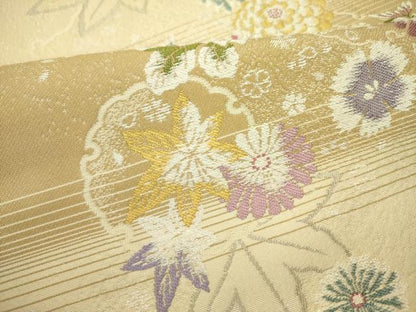 平和屋着物●松田聖子　両面　六通柄袋帯　雪輪草花文　銀糸　ラメ糸　正絹　逸品　DABD0503op