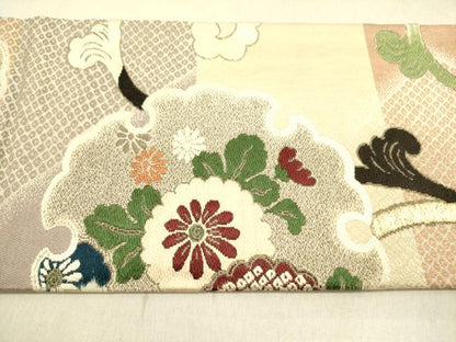 平和屋着物●アンティーク　大正ロマン　九寸名古屋帯　雪輪花文　金糸　正絹　逸品　DABD0506op