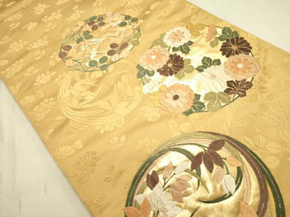 平和屋着物●六通柄袋帯　唐織　草花丸文　金糸　正絹　逸品　DABD0516op